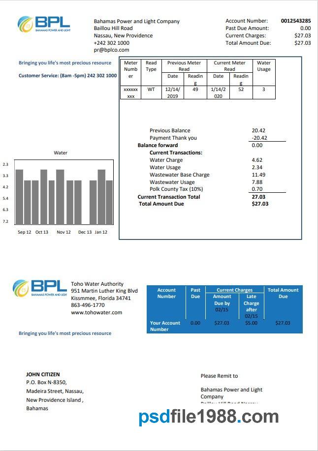 Bahamas Power and Light Company Utility Bill